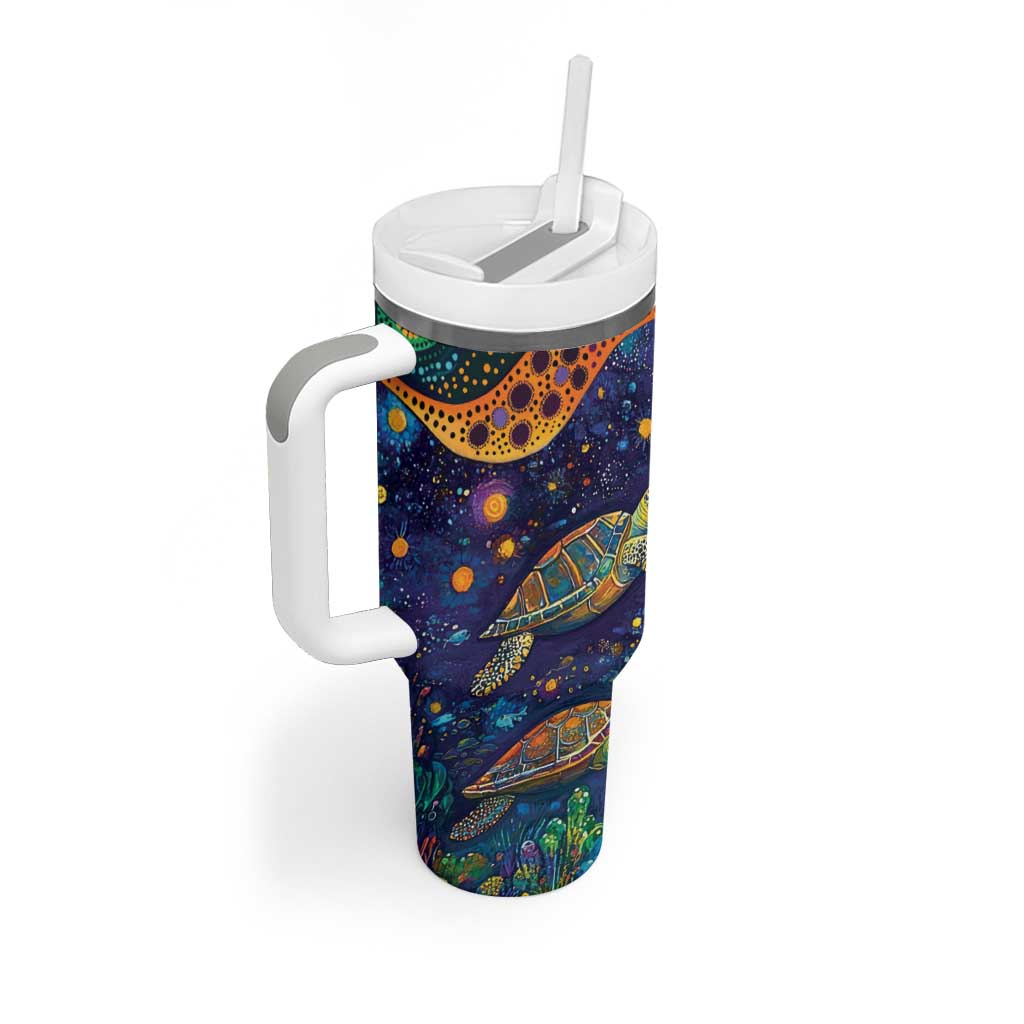 Underwater Turtles Starry Night Sky Tumbler With Handle Aboriginal Dot Painting Full Moon Coral Landscape