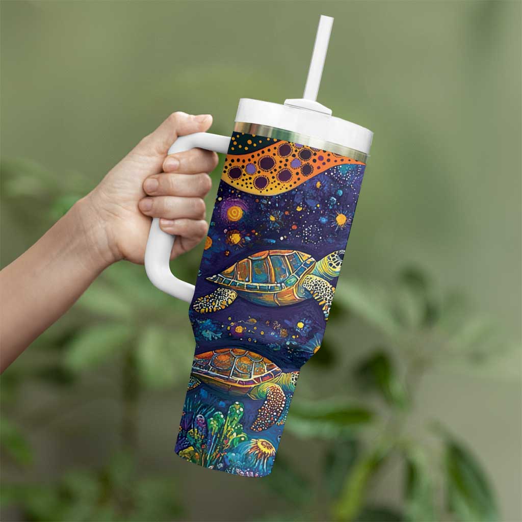 Underwater Turtles Starry Night Sky Tumbler With Handle Aboriginal Dot Painting Full Moon Coral Landscape