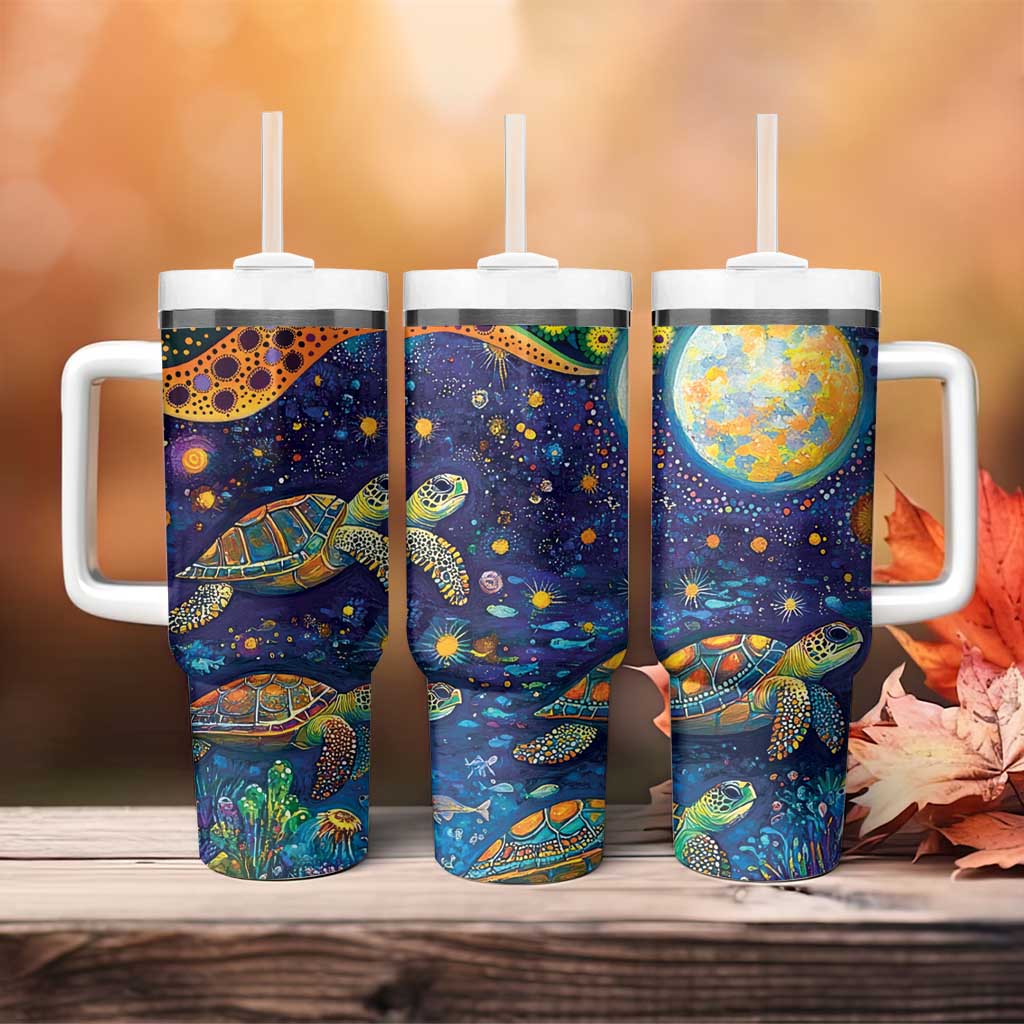 Underwater Turtles Starry Night Sky Tumbler With Handle Aboriginal Dot Painting Full Moon Coral Landscape