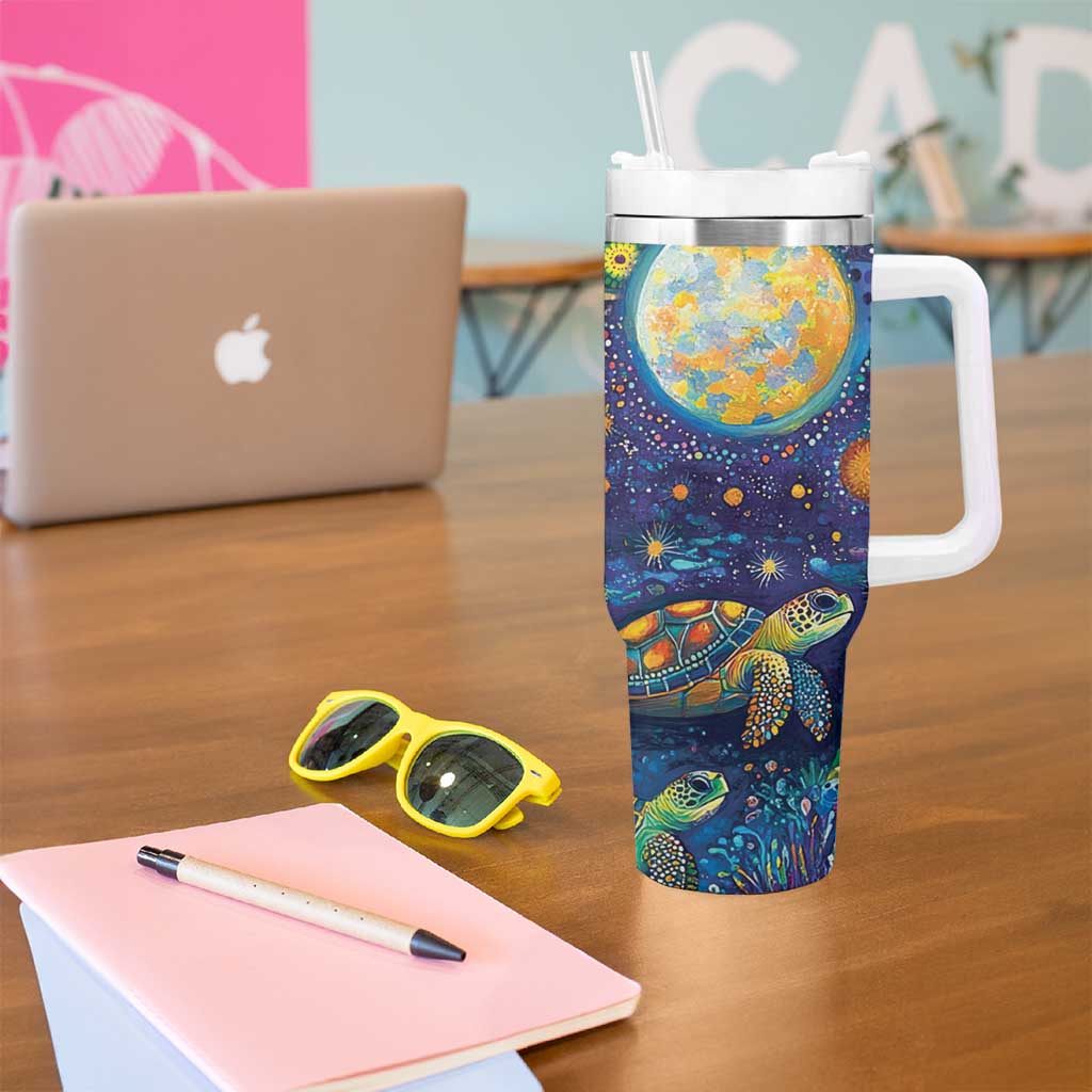 Underwater Turtles Starry Night Sky Tumbler With Handle Aboriginal Dot Painting Full Moon Coral Landscape