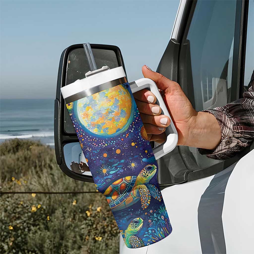 Underwater Turtles Starry Night Sky Tumbler With Handle Aboriginal Dot Painting Full Moon Coral Landscape
