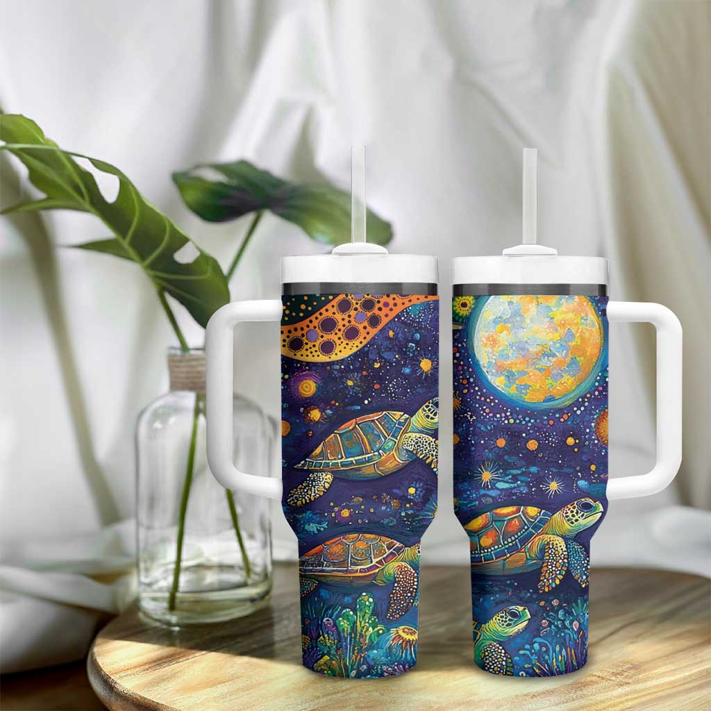 Underwater Turtles Starry Night Sky Tumbler With Handle Aboriginal Dot Painting Full Moon Coral Landscape