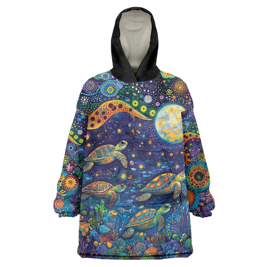 Underwater Turtles Starry Night Sky Wearable Blanket Hoodie Aboriginal Dot Painting Full Moon Coral Landscape