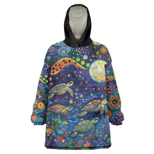 Underwater Turtles Starry Night Sky Wearable Blanket Hoodie Aboriginal Dot Painting Full Moon Coral Landscape