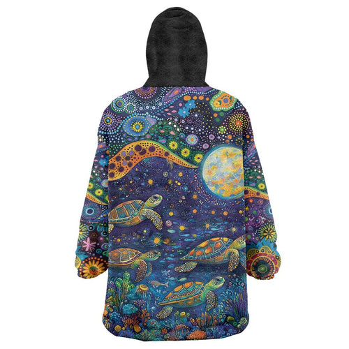 Underwater Turtles Starry Night Sky Wearable Blanket Hoodie Aboriginal Dot Painting Full Moon Coral Landscape