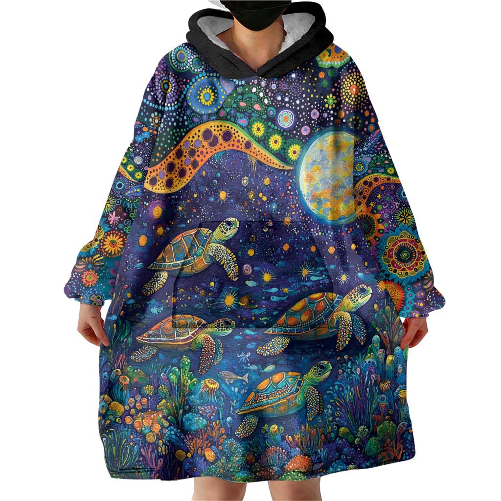 Underwater Turtles Starry Night Sky Wearable Blanket Hoodie Aboriginal Dot Painting Full Moon Coral Landscape