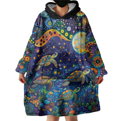 Underwater Turtles Starry Night Sky Wearable Blanket Hoodie Aboriginal Dot Painting Full Moon Coral Landscape