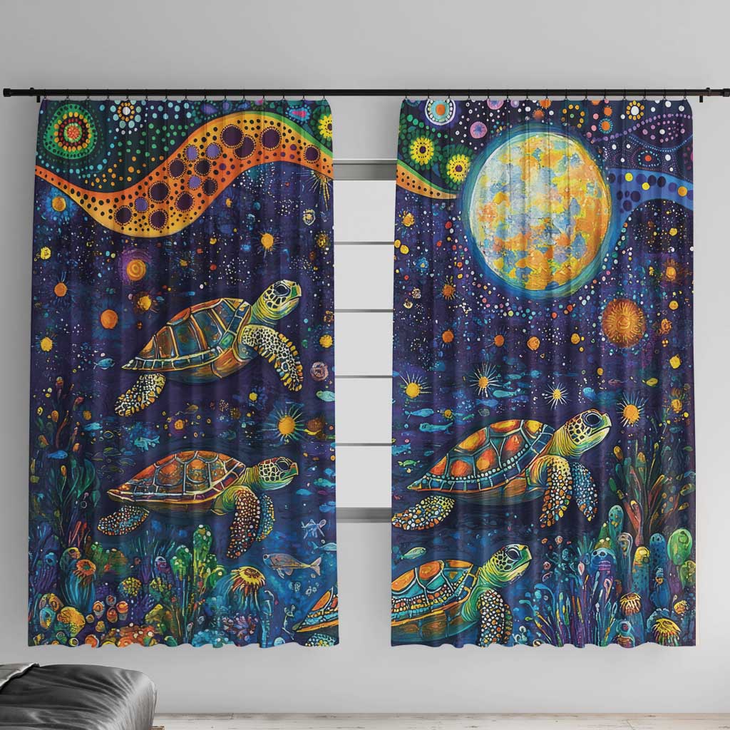 Underwater Turtles Starry Night Sky Window Curtain Aboriginal Dot Painting Full Moon Coral Landscape