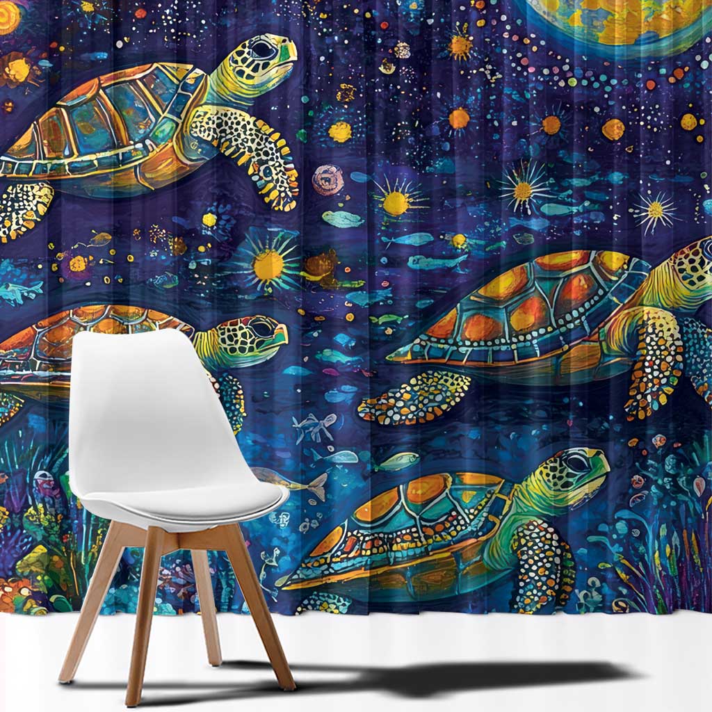 Underwater Turtles Starry Night Sky Window Curtain Aboriginal Dot Painting Full Moon Coral Landscape