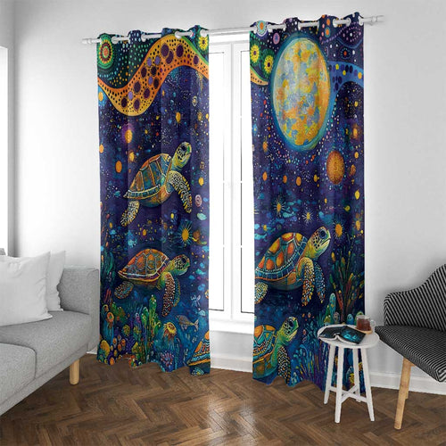 Underwater Turtles Starry Night Sky Window Curtain Aboriginal Dot Painting Full Moon Coral Landscape