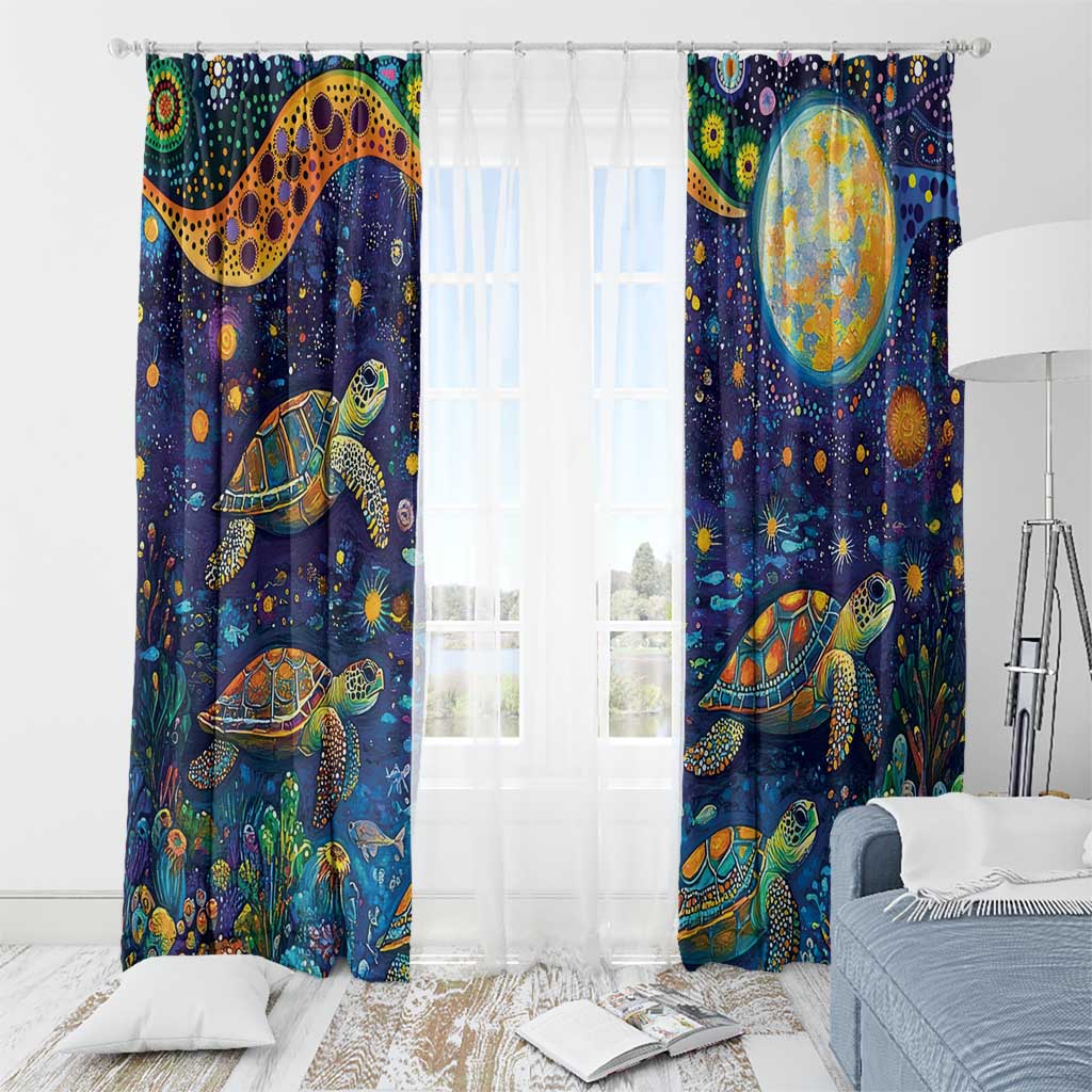 Underwater Turtles Starry Night Sky Window Curtain Aboriginal Dot Painting Full Moon Coral Landscape