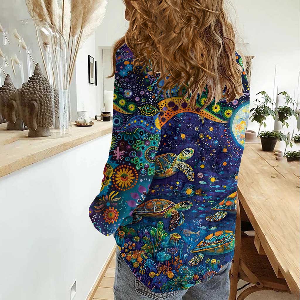 Underwater Turtles Starry Night Sky Women Casual Shirt Aboriginal Dot Painting Full Moon Coral Landscape