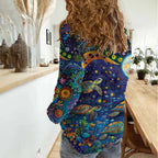 Underwater Turtles Starry Night Sky Women Casual Shirt Aboriginal Dot Painting Full Moon Coral Landscape