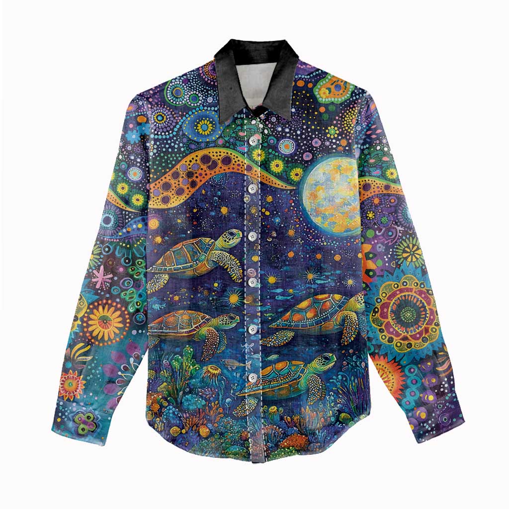 Underwater Turtles Starry Night Sky Women Casual Shirt Aboriginal Dot Painting Full Moon Coral Landscape
