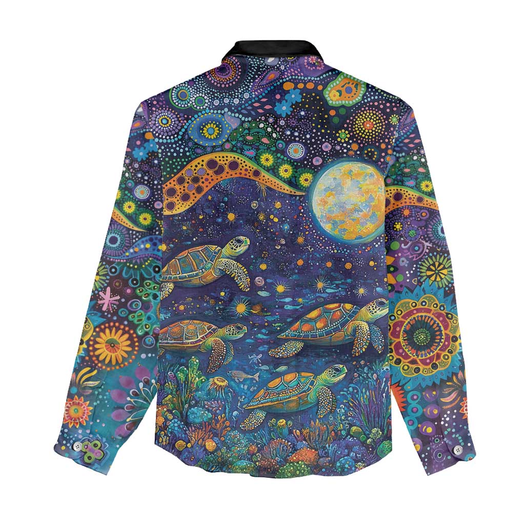 Underwater Turtles Starry Night Sky Women Casual Shirt Aboriginal Dot Painting Full Moon Coral Landscape