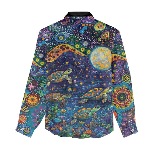 Underwater Turtles Starry Night Sky Women Casual Shirt Aboriginal Dot Painting Full Moon Coral Landscape