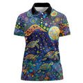 Underwater Turtles Starry Night Sky Women Polo Shirt Aboriginal Dot Painting Full Moon Coral Landscape
