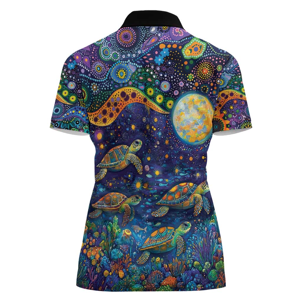 Underwater Turtles Starry Night Sky Women Polo Shirt Aboriginal Dot Painting Full Moon Coral Landscape