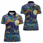 Underwater Turtles Starry Night Sky Women Polo Shirt Aboriginal Dot Painting Full Moon Coral Landscape