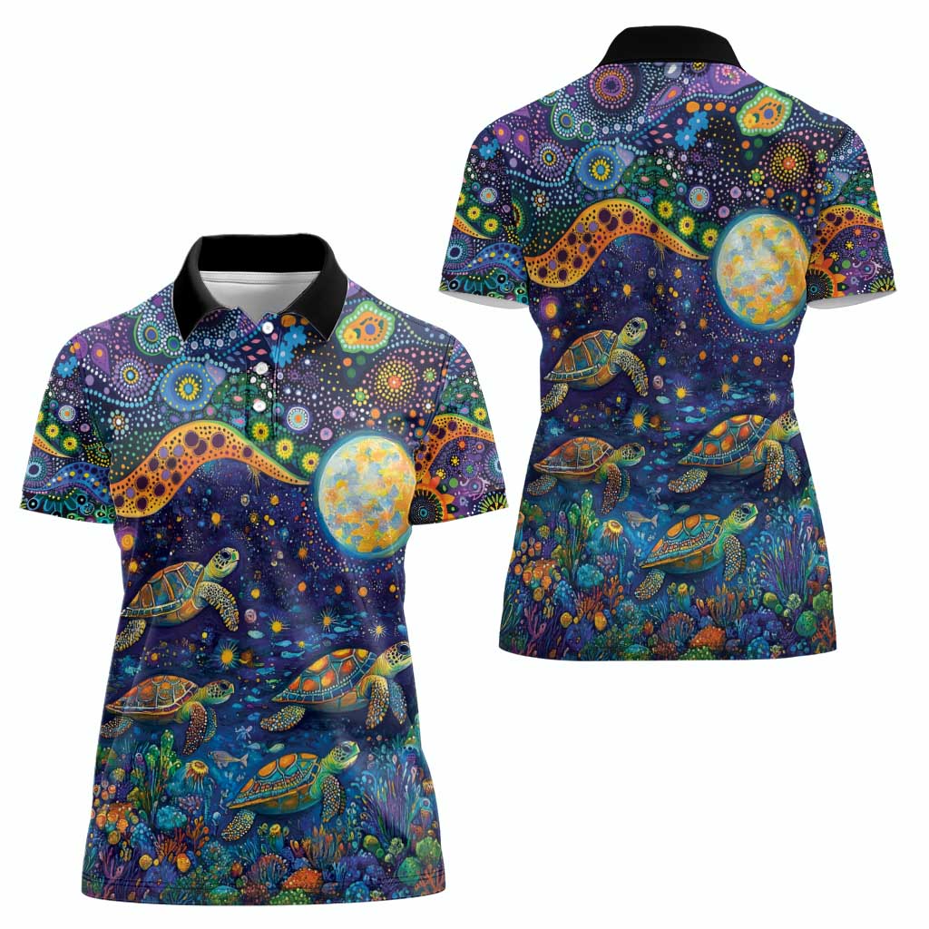 Underwater Turtles Starry Night Sky Women Polo Shirt Aboriginal Dot Painting Full Moon Coral Landscape