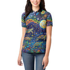 Underwater Turtles Starry Night Sky Women Polo Shirt Aboriginal Dot Painting Full Moon Coral Landscape