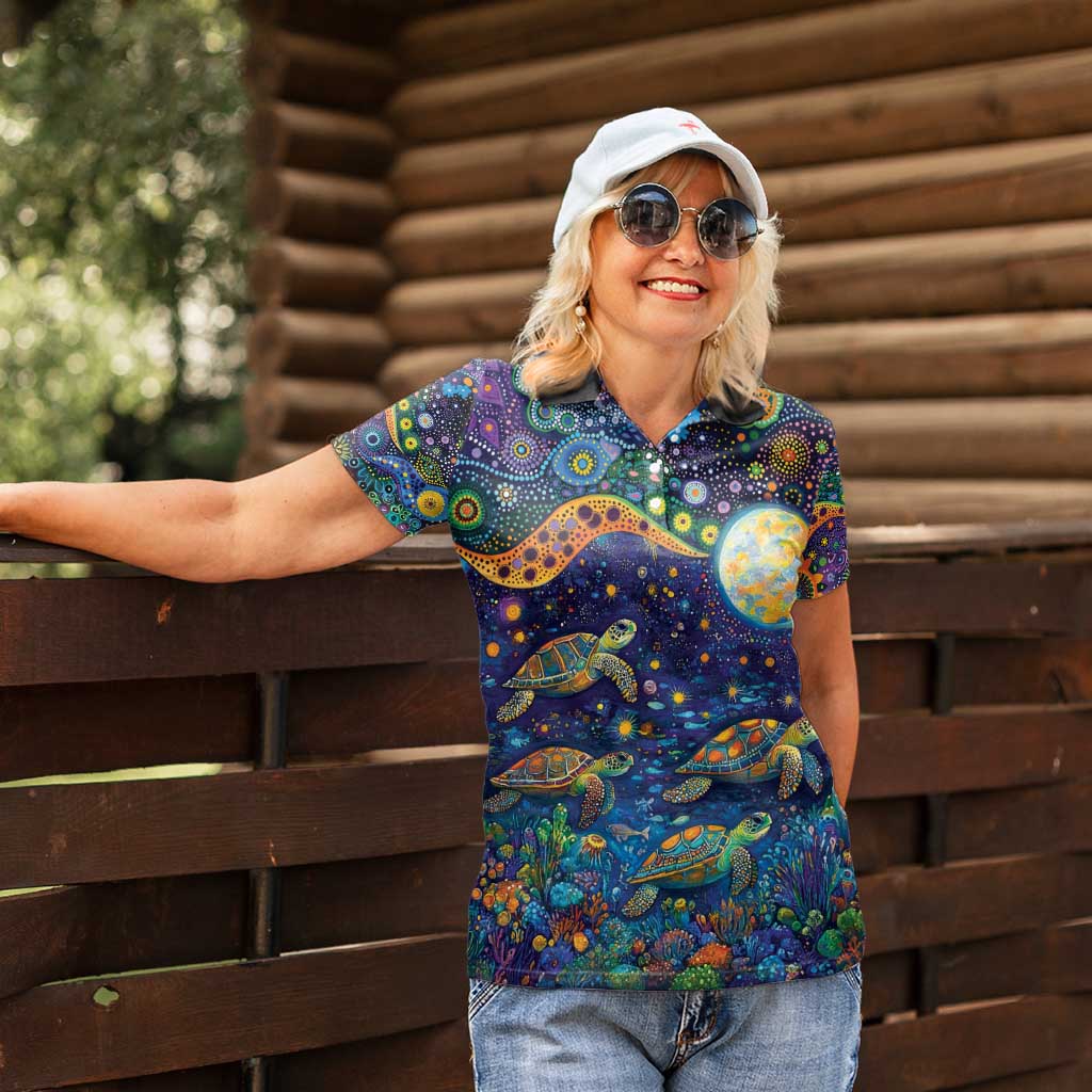 Underwater Turtles Starry Night Sky Women Polo Shirt Aboriginal Dot Painting Full Moon Coral Landscape