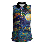 Underwater Turtles Starry Night Sky Women Sleeveless Polo Shirt Aboriginal Dot Painting Full Moon Coral Landscape