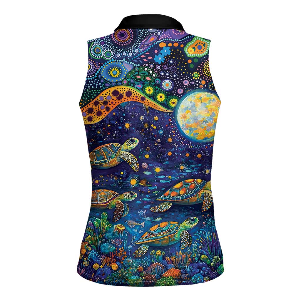 Underwater Turtles Starry Night Sky Women Sleeveless Polo Shirt Aboriginal Dot Painting Full Moon Coral Landscape