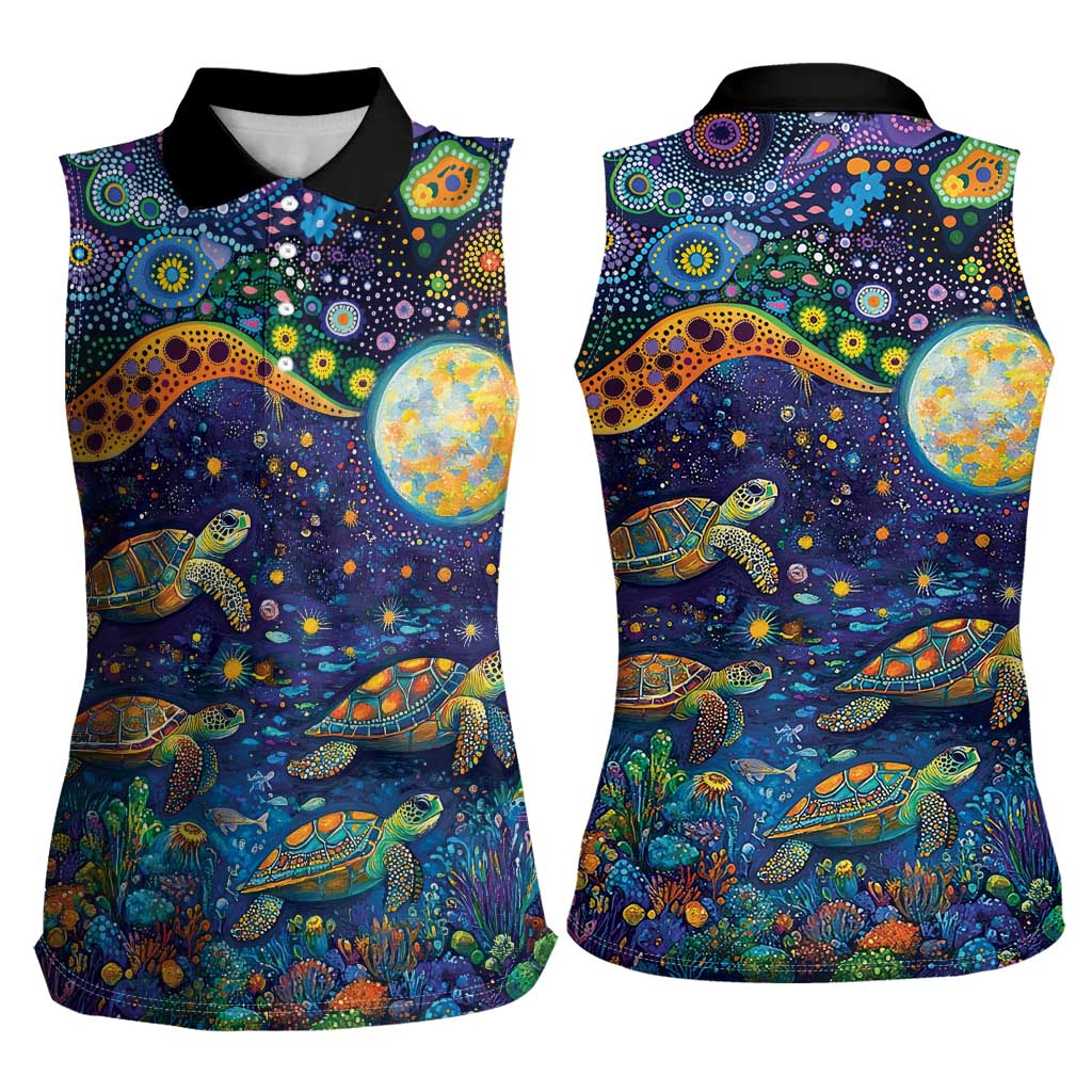 Underwater Turtles Starry Night Sky Women Sleeveless Polo Shirt Aboriginal Dot Painting Full Moon Coral Landscape