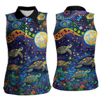 Underwater Turtles Starry Night Sky Women Sleeveless Polo Shirt Aboriginal Dot Painting Full Moon Coral Landscape