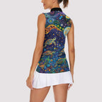 Underwater Turtles Starry Night Sky Women Sleeveless Polo Shirt Aboriginal Dot Painting Full Moon Coral Landscape