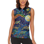 Underwater Turtles Starry Night Sky Women Sleeveless Polo Shirt Aboriginal Dot Painting Full Moon Coral Landscape