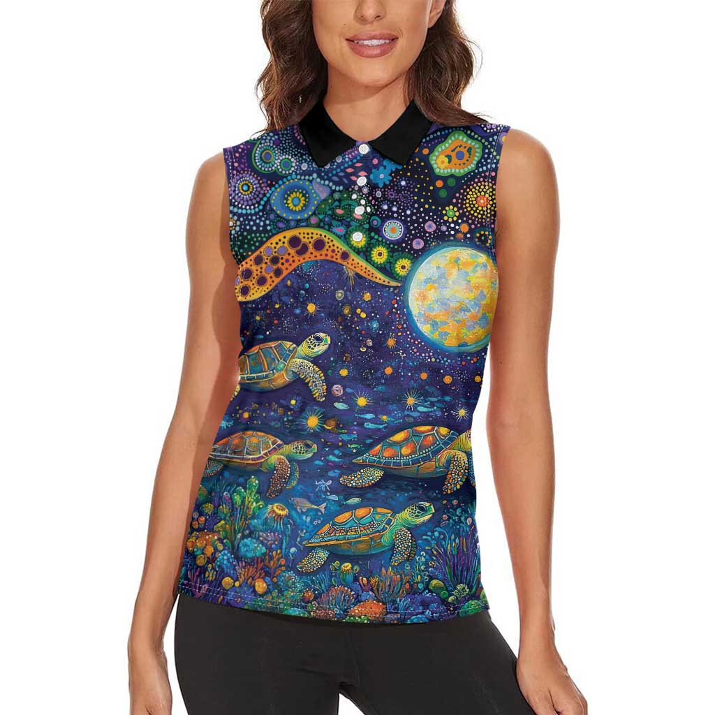 Underwater Turtles Starry Night Sky Women Sleeveless Polo Shirt Aboriginal Dot Painting Full Moon Coral Landscape