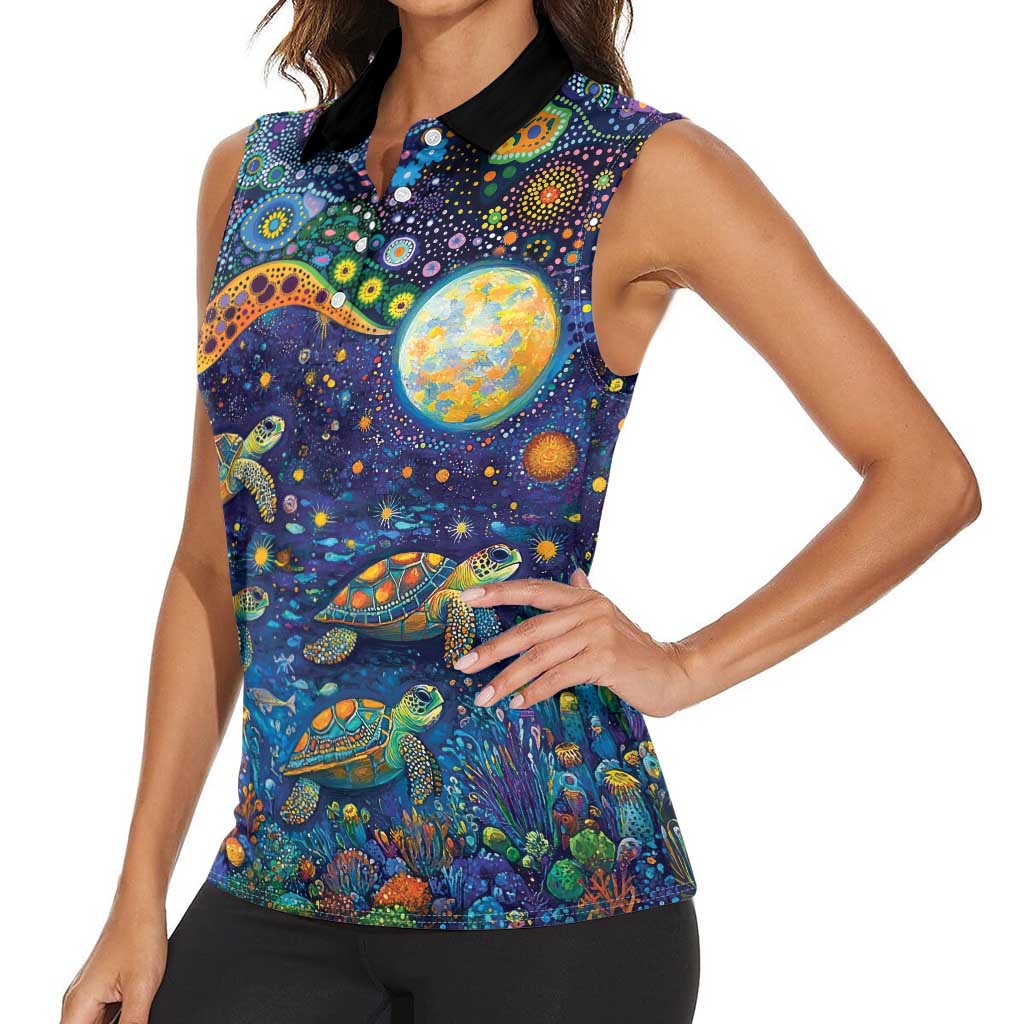 Underwater Turtles Starry Night Sky Women Sleeveless Polo Shirt Aboriginal Dot Painting Full Moon Coral Landscape