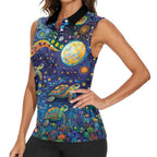 Underwater Turtles Starry Night Sky Women Sleeveless Polo Shirt Aboriginal Dot Painting Full Moon Coral Landscape