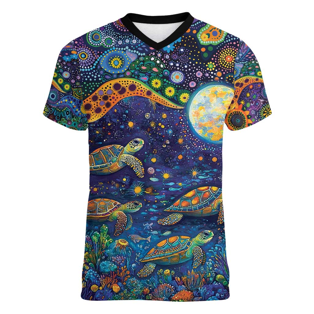 Underwater Turtles Starry Night Sky Women V-Neck T-Shirt Aboriginal Dot Painting Full Moon Coral Landscape