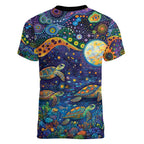 Underwater Turtles Starry Night Sky Women V-Neck T-Shirt Aboriginal Dot Painting Full Moon Coral Landscape