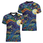 Underwater Turtles Starry Night Sky Women V-Neck T-Shirt Aboriginal Dot Painting Full Moon Coral Landscape