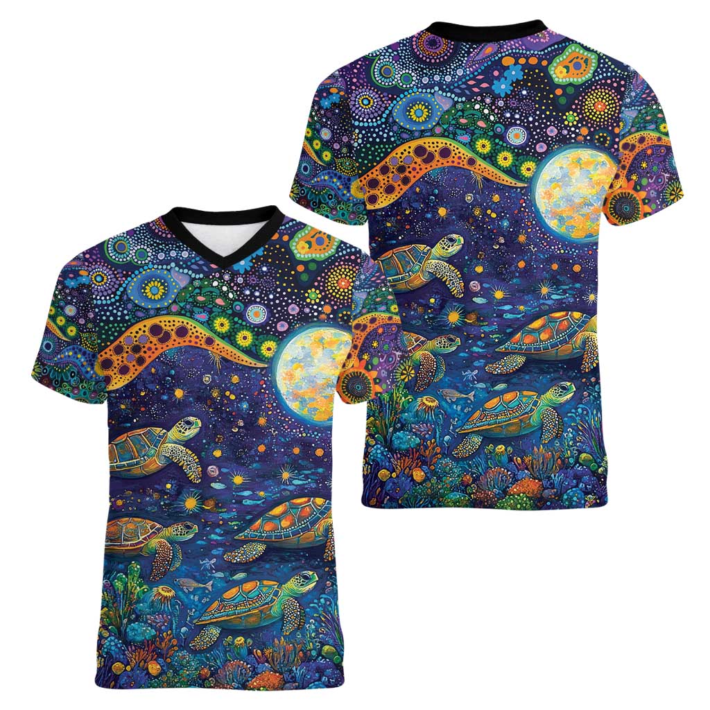 Underwater Turtles Starry Night Sky Women V-Neck T-Shirt Aboriginal Dot Painting Full Moon Coral Landscape