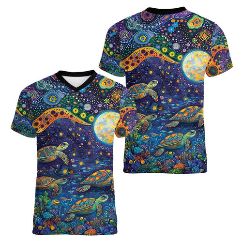 Underwater Turtles Starry Night Sky Women V-Neck T-Shirt Aboriginal Dot Painting Full Moon Coral Landscape