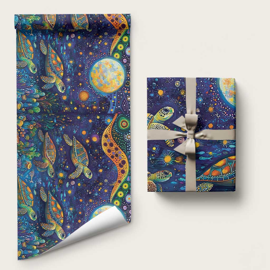 Underwater Turtles Starry Night Sky Wrapping Paper Aboriginal Dot Painting Full Moon Coral Landscape - Aussie Hoodie