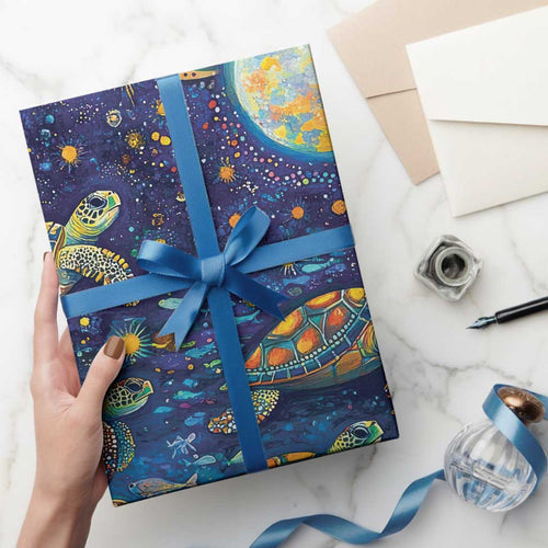 Underwater Turtles Starry Night Sky Wrapping Paper Aboriginal Dot Painting Full Moon Coral Landscape - Aussie Hoodie