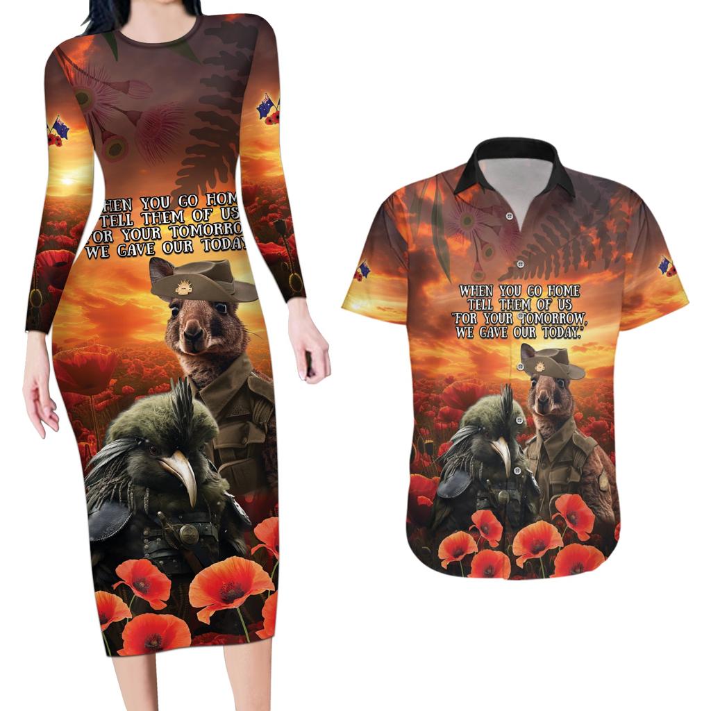 Kangaroo and Kiwi Soldier ANZAC Couples Matching Long Sleeve Bodycon Dress and Hawaiian Shirt The Last War Memorial