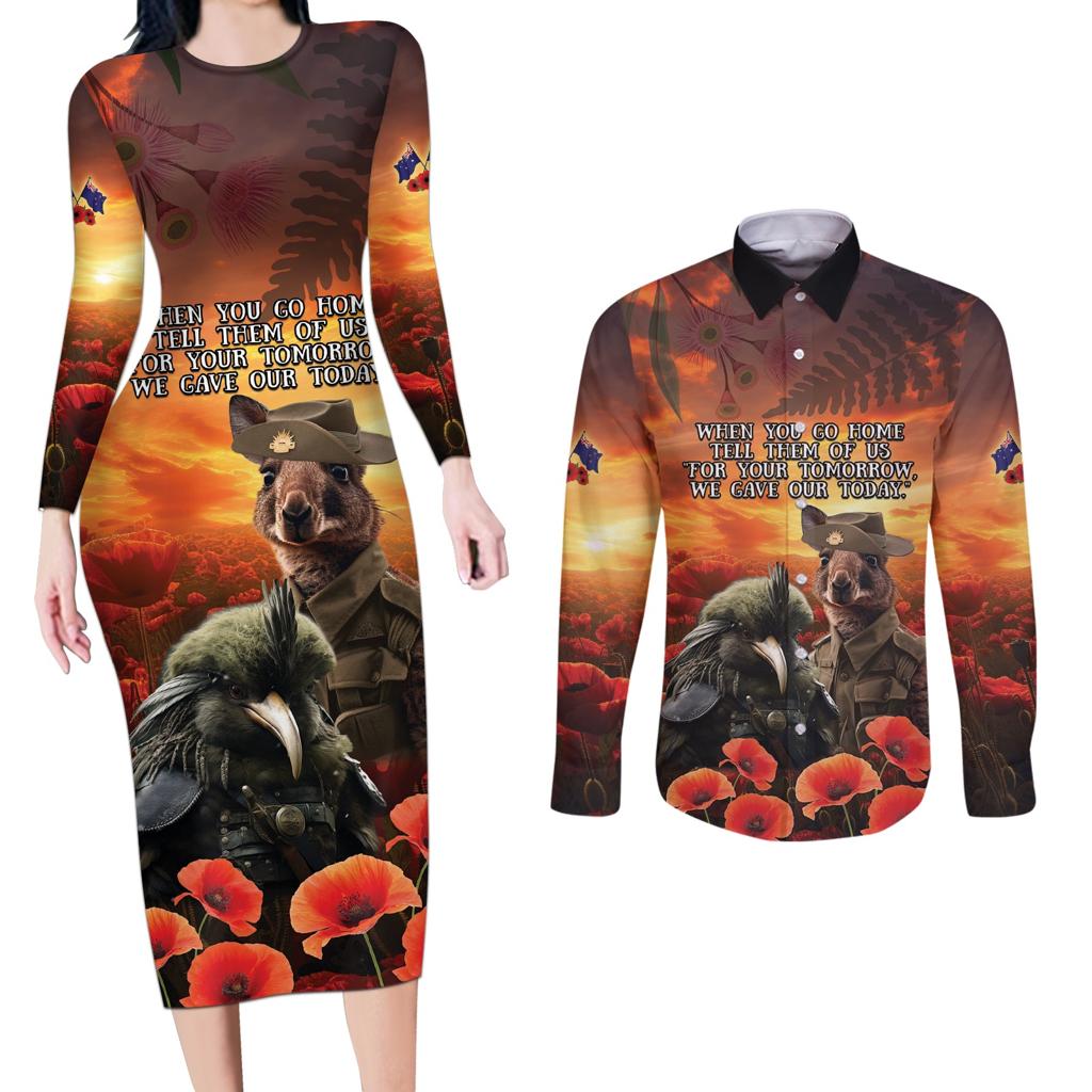 Kangaroo and Kiwi Soldier ANZAC Couples Matching Long Sleeve Bodycon Dress and Long Sleeve Button Shirt The Last War Memorial