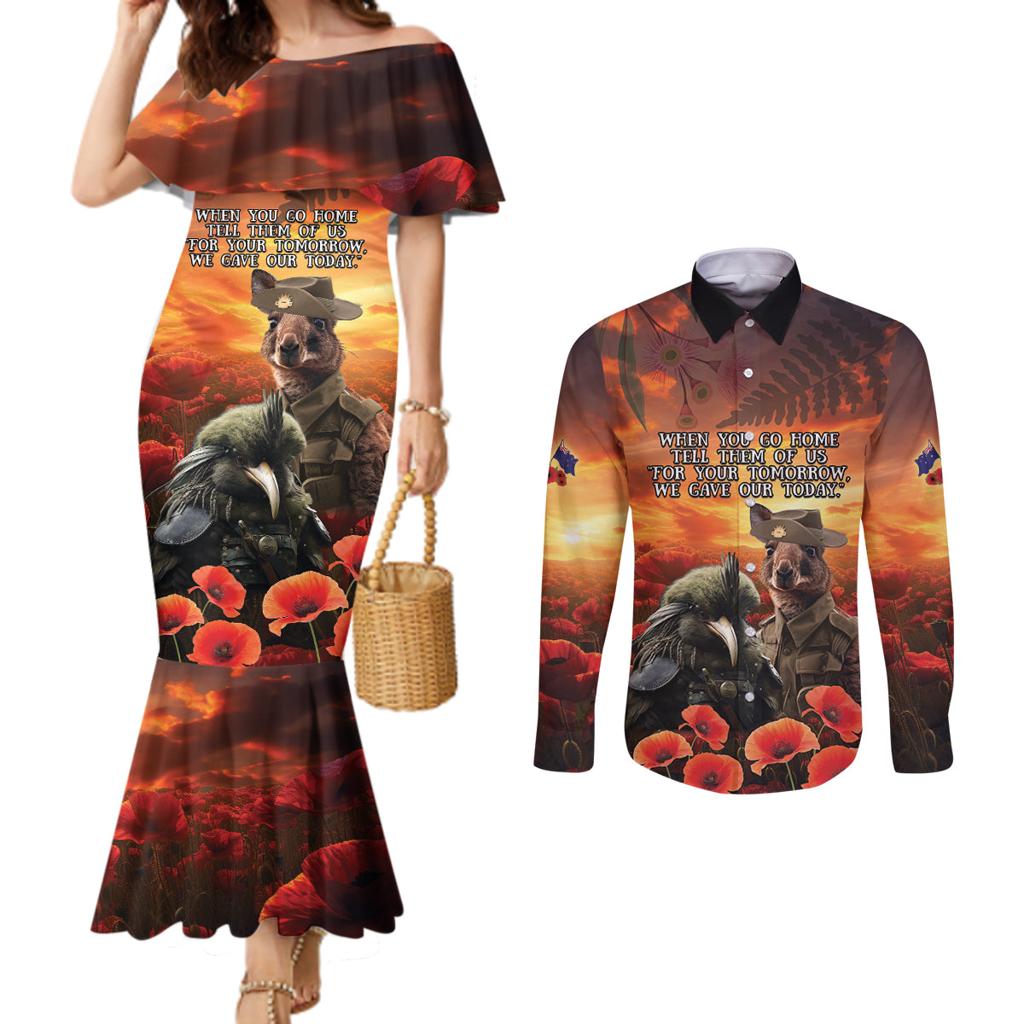 Kangaroo and Kiwi Soldier ANZAC Couples Matching Mermaid Dress and Long Sleeve Button Shirt The Last War Memorial