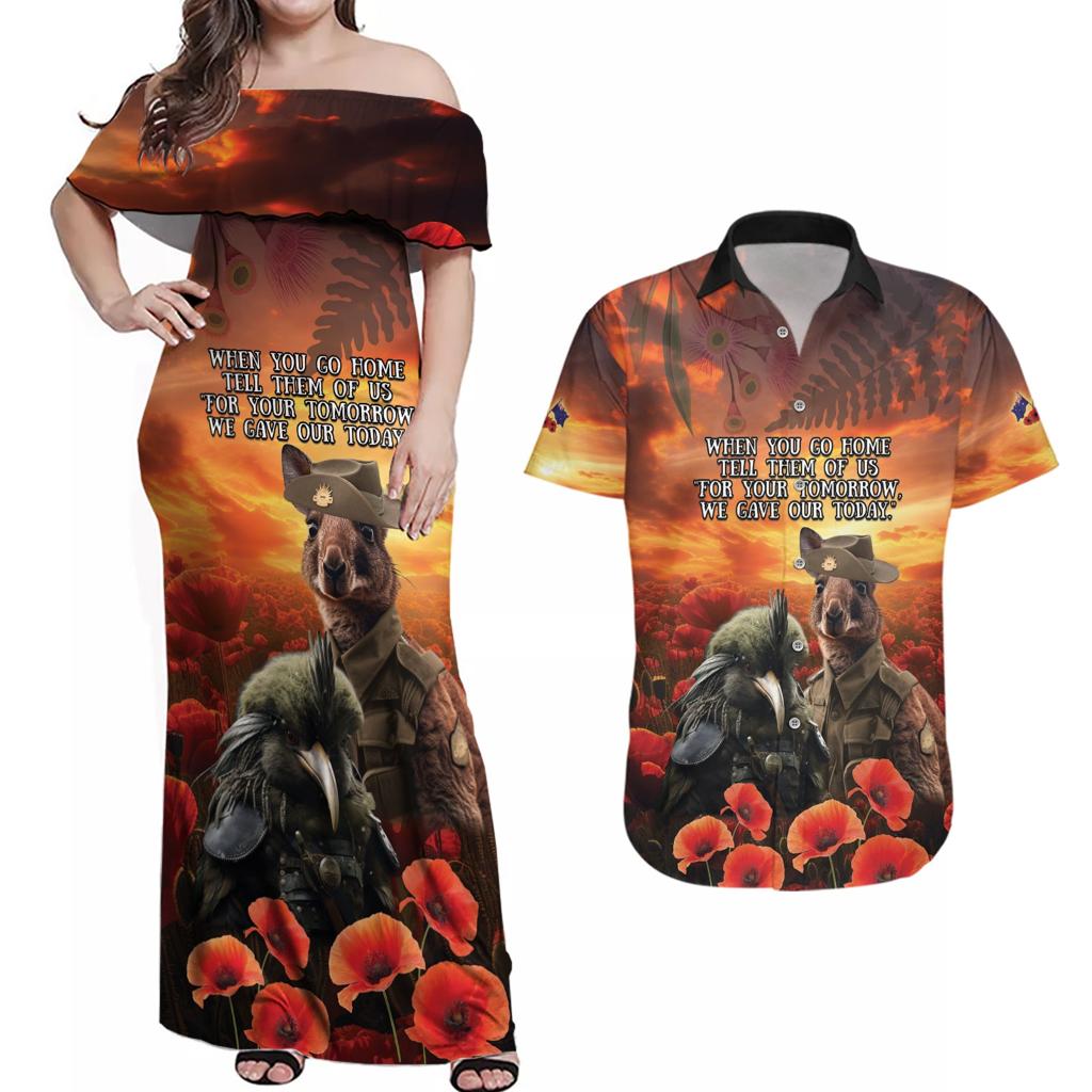 Kangaroo and Kiwi Soldier ANZAC Couples Matching Off Shoulder Maxi Dress and Hawaiian Shirt The Last War Memorial