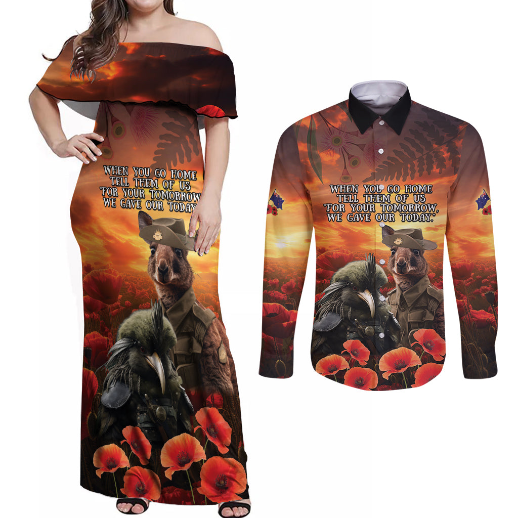 Kangaroo and Kiwi Soldier ANZAC Couples Matching Off Shoulder Maxi Dress and Long Sleeve Button Shirt The Last War Memorial