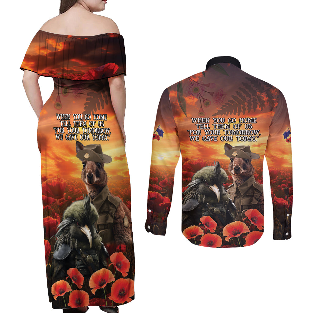 Kangaroo and Kiwi Soldier ANZAC Couples Matching Off Shoulder Maxi Dress and Long Sleeve Button Shirt The Last War Memorial