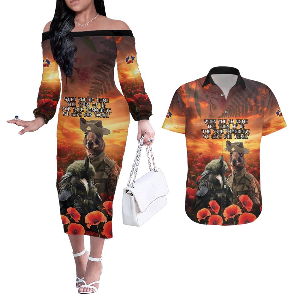 Kangaroo and Kiwi Soldier ANZAC Couples Matching Off The Shoulder Long Sleeve Dress and Hawaiian Shirt The Last War Memorial