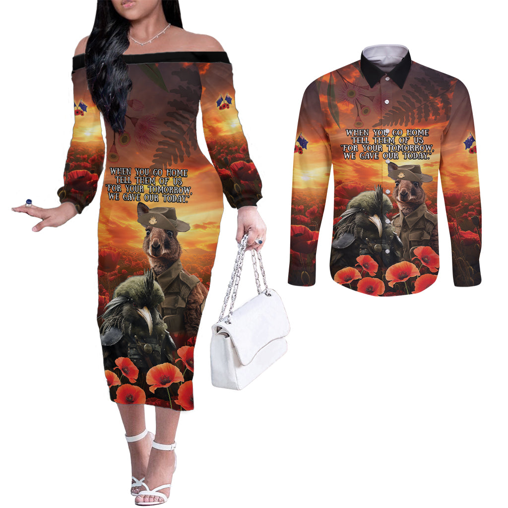 Kangaroo and Kiwi Soldier ANZAC Couples Matching Off The Shoulder Long Sleeve Dress and Long Sleeve Button Shirt The Last War Memorial